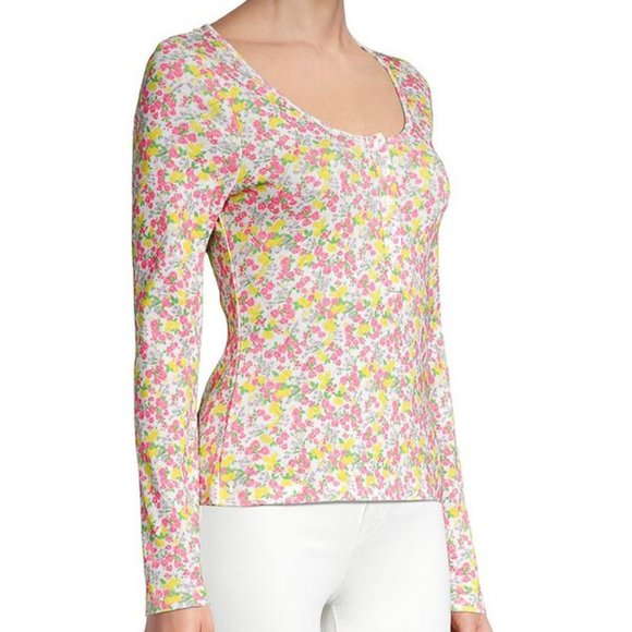 🎀 Floral Heart Button LS Hanley Top Large, Pink Yellow - Picture 12 of 12